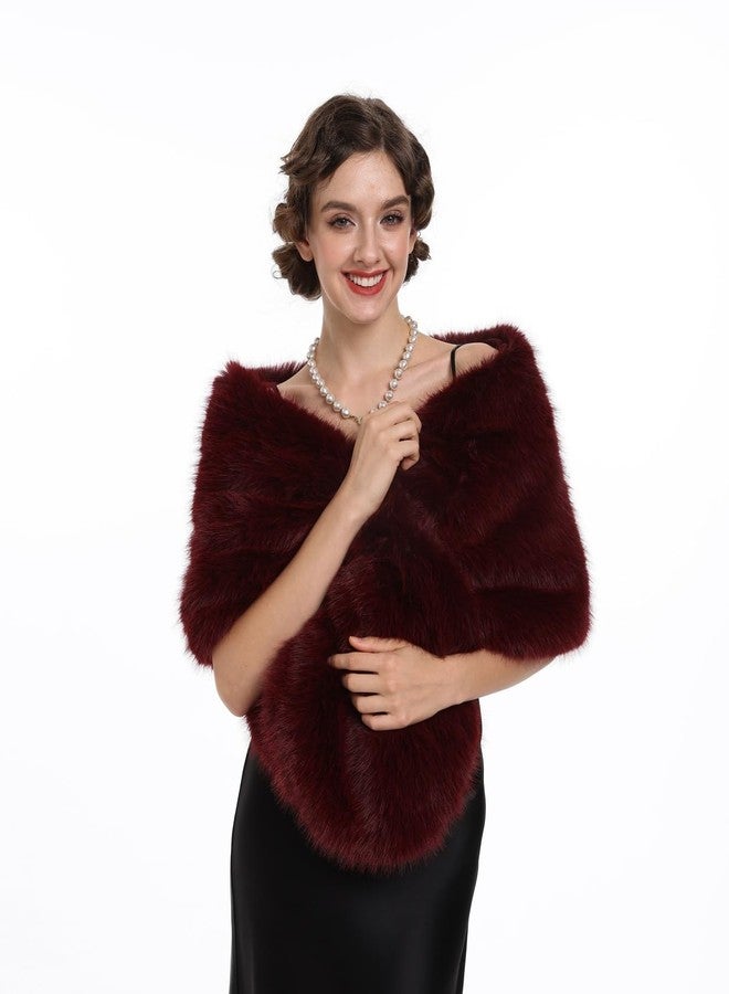 SAFERIN Women Luxurious Large Winter Faux Fur Scarf Wrap Collar Shrug for Lady Poncho Wedding Dinner Party (Shawl-Soild Burgundy) - Image 1